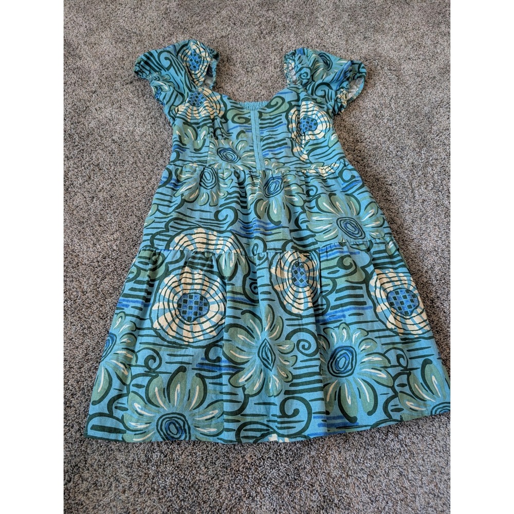 House of Harlow 1960 Blue Green Floral Linen Blend‎ Smocked Mini Dress Small